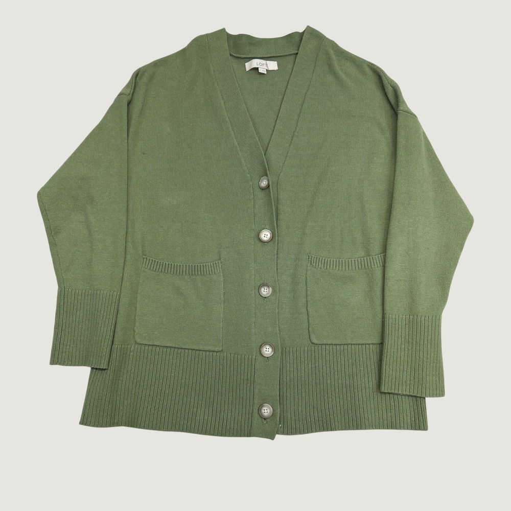 Loft Cardigan Sweater Womens L Green Button Front V-Neck Pockets Cotton Blend